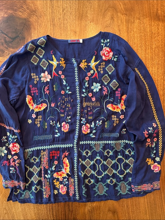 Johnny Was Tops - Johnny Was Navy Embroidered Floral Tunic. 25” length.